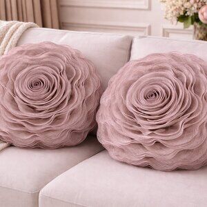 Set of 2 Mauve 3D Rose Chiffon 16" Round Throw Pillows with Inserts
